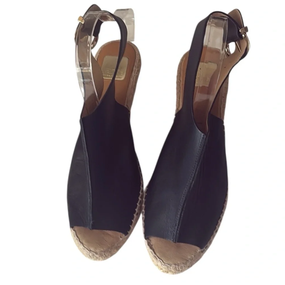 Kanna wedge sling back espadrille, black leather gold buckle, size 41=10/10.5